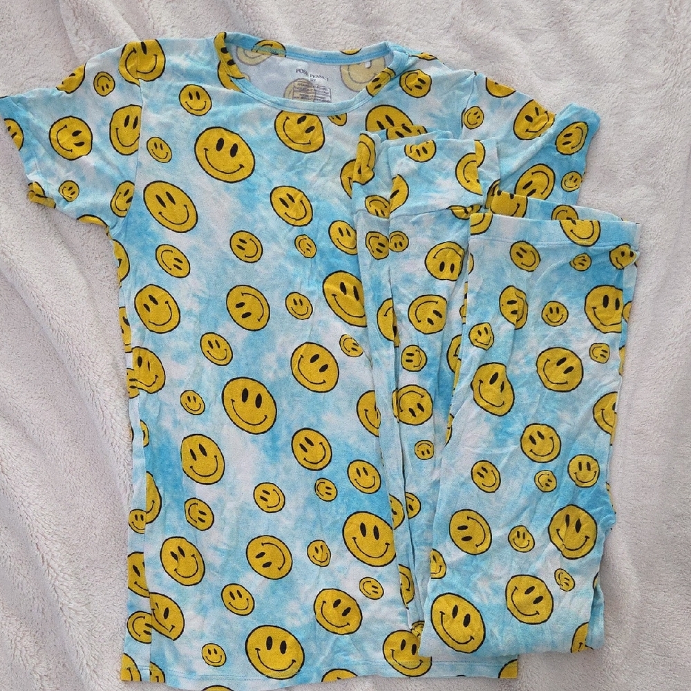 Posh Peanut Blue Pajama Set with Yellow Smiley Faces